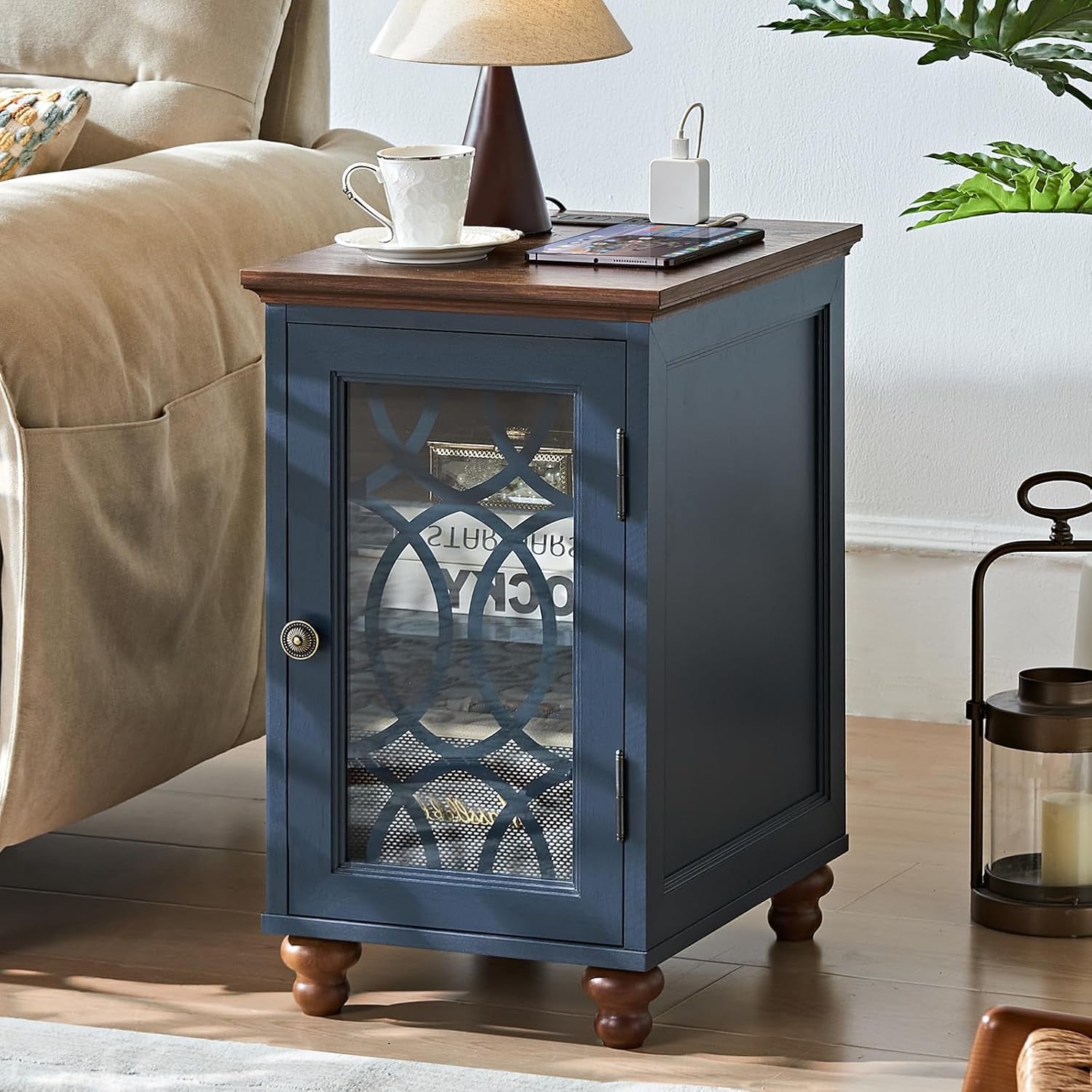 Narrow Side Table with Charging Station, Night Stand with Glass Door, Bedside End Tables with Adjustable Shelf Storage Cabinet,Wood Nightstand for Small Spaces Living Room Bedroom