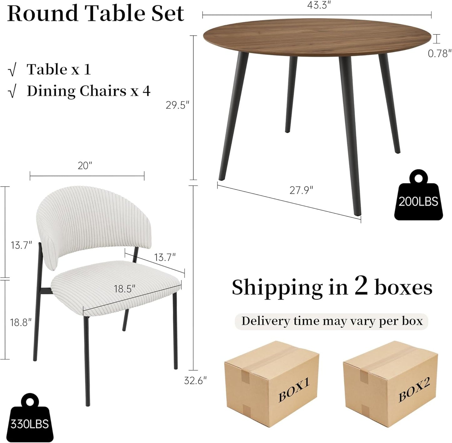43.3 Inch round Dining Table Set for 4, Modern Small Kitchen Coffee Set for Dining Room Kitchen Apartment (Walnut Table + 4 White Shell Chairs)