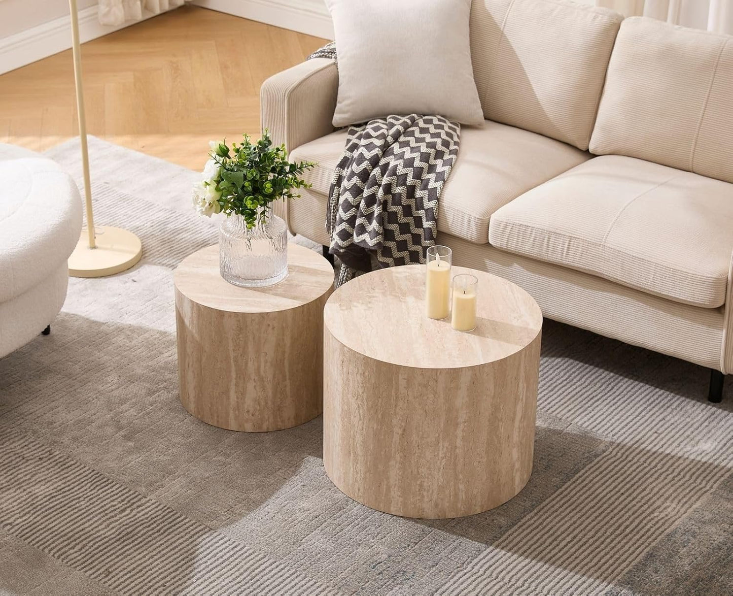 round Wood Nesting Coffee Table Set of 2, Modern Circle Travertine End Side Table Sets for Living Room, Light Wooden Color/No Assembling