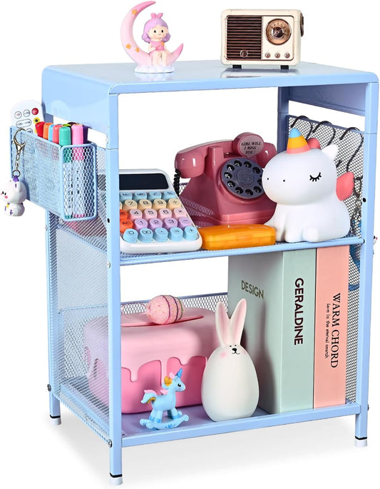 Nightstand, End Table with Hooks and Holder, Kids Nightstand for Bedroom, Toddler Bedside Table, Small Pink Desk for Girls, Coffee Table for Living Room, Dorm, Office (Sky Blue)