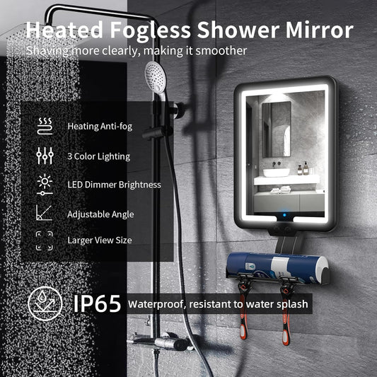 Lighted Shower Mirror Fogless for Shaving, Heated Fog Free Large 9.5*7Inch 3 Color Modes Dimming Shower Shaving Mirror with Light, Rechargeable Anti-Fog Shower Mirror with Storage Tray & Razor Holders