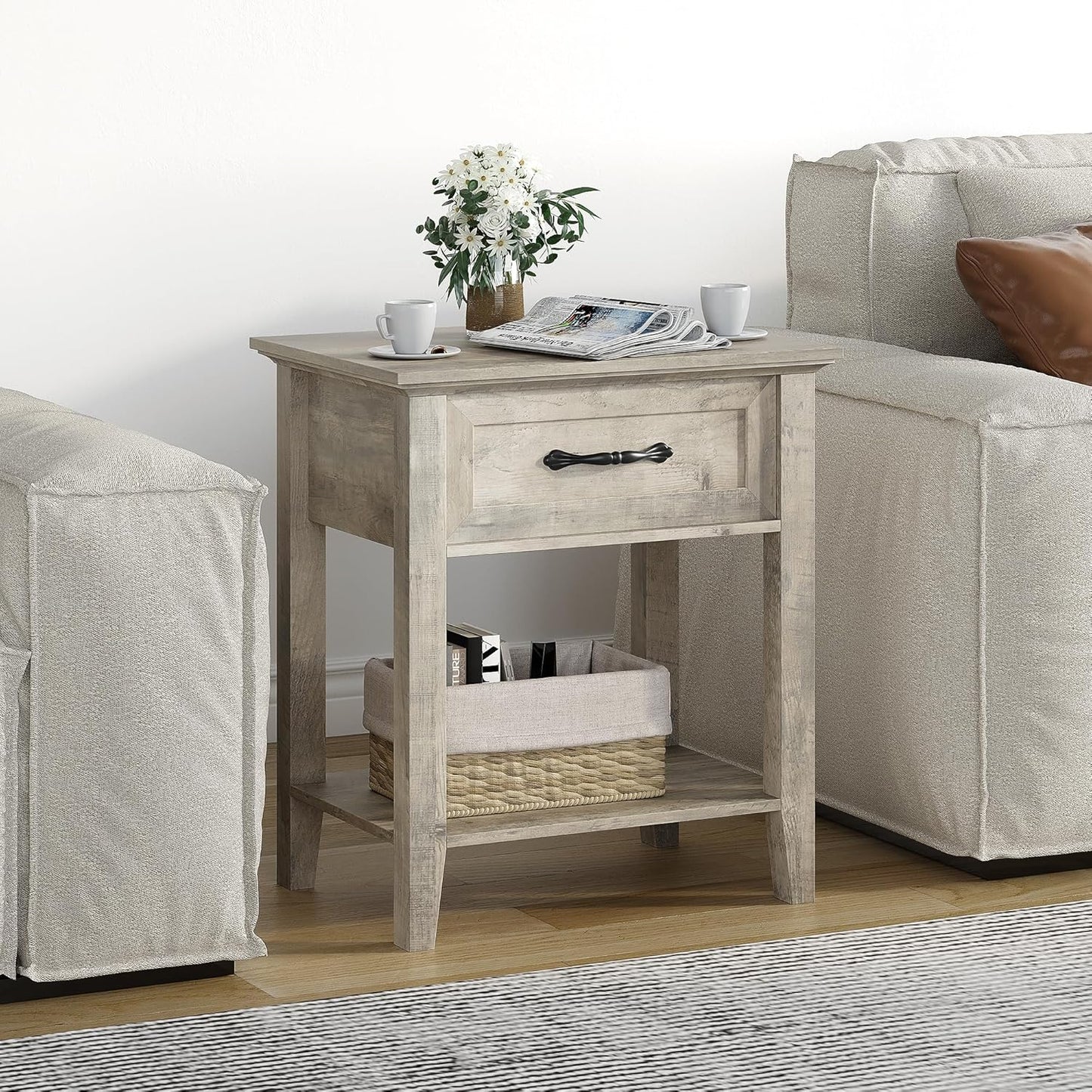 Grey nightstands set of 2 with drawer and storage shelves, view 9