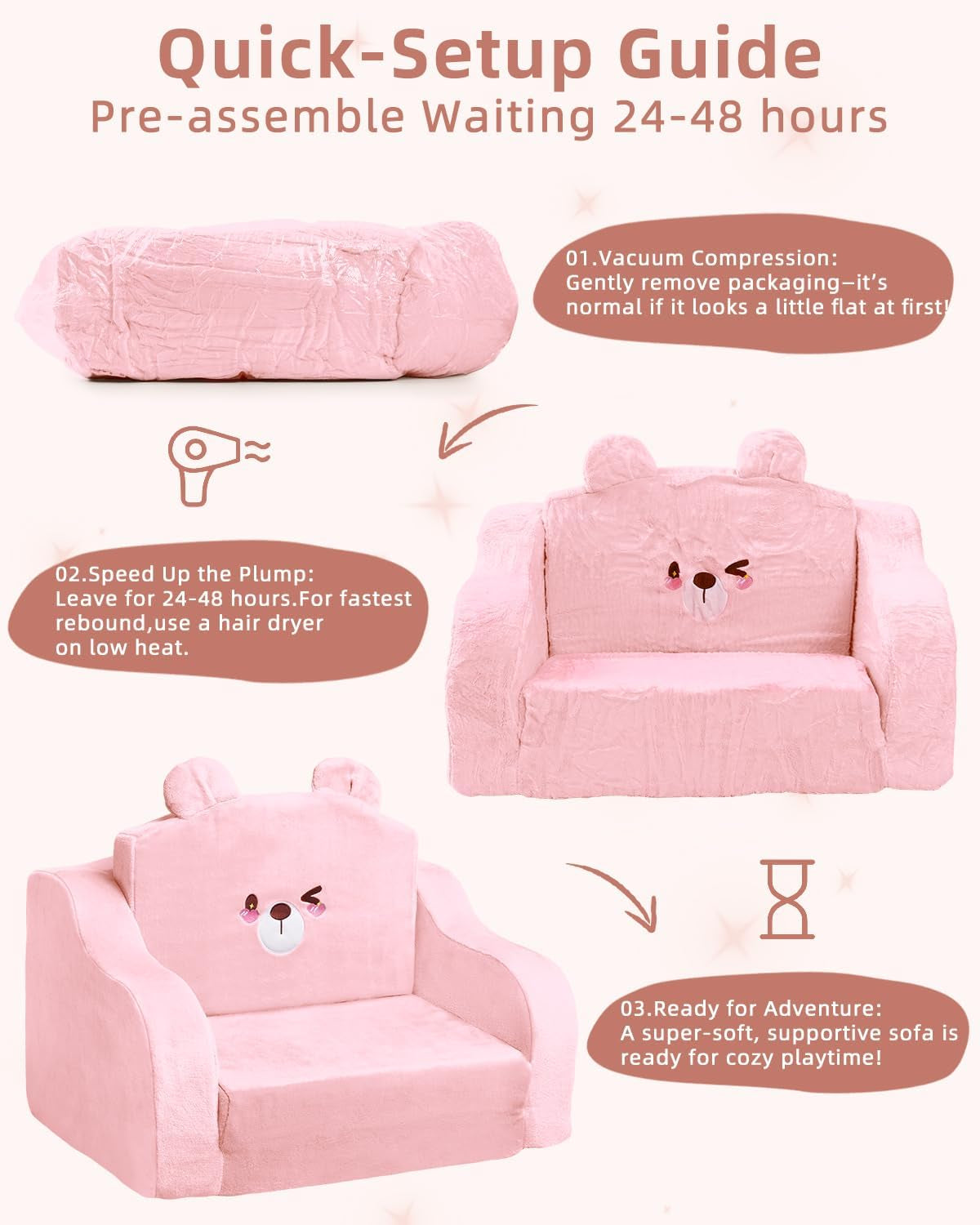 Kids Couch,Toddler Chairs Comfy 1-3 Years Old, 2-In-1 Soft Toddler Couches Fold Out,Convertible Sofa to Lounger for Girls and Boys,Cuddly Kids Floor Furniture for Playroom,Pink Bear