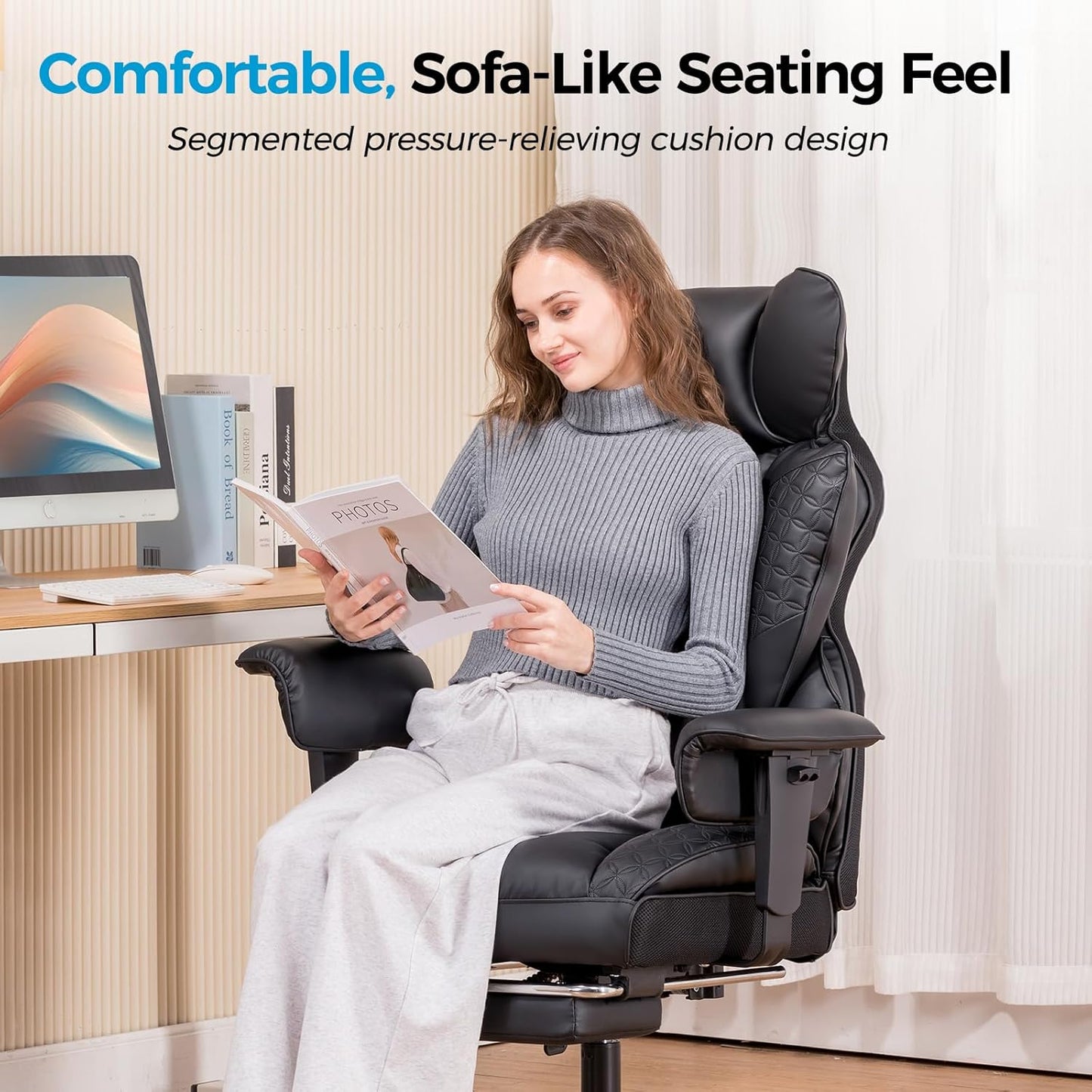Big and Tall Office Chair 400LBS Wide Ergonomic Gaming Chair with Deluxe Embossing Designed Leather with Foot Rest,150°Reclining Adjustable Armrests Pocket Spring Back Support and Pillow