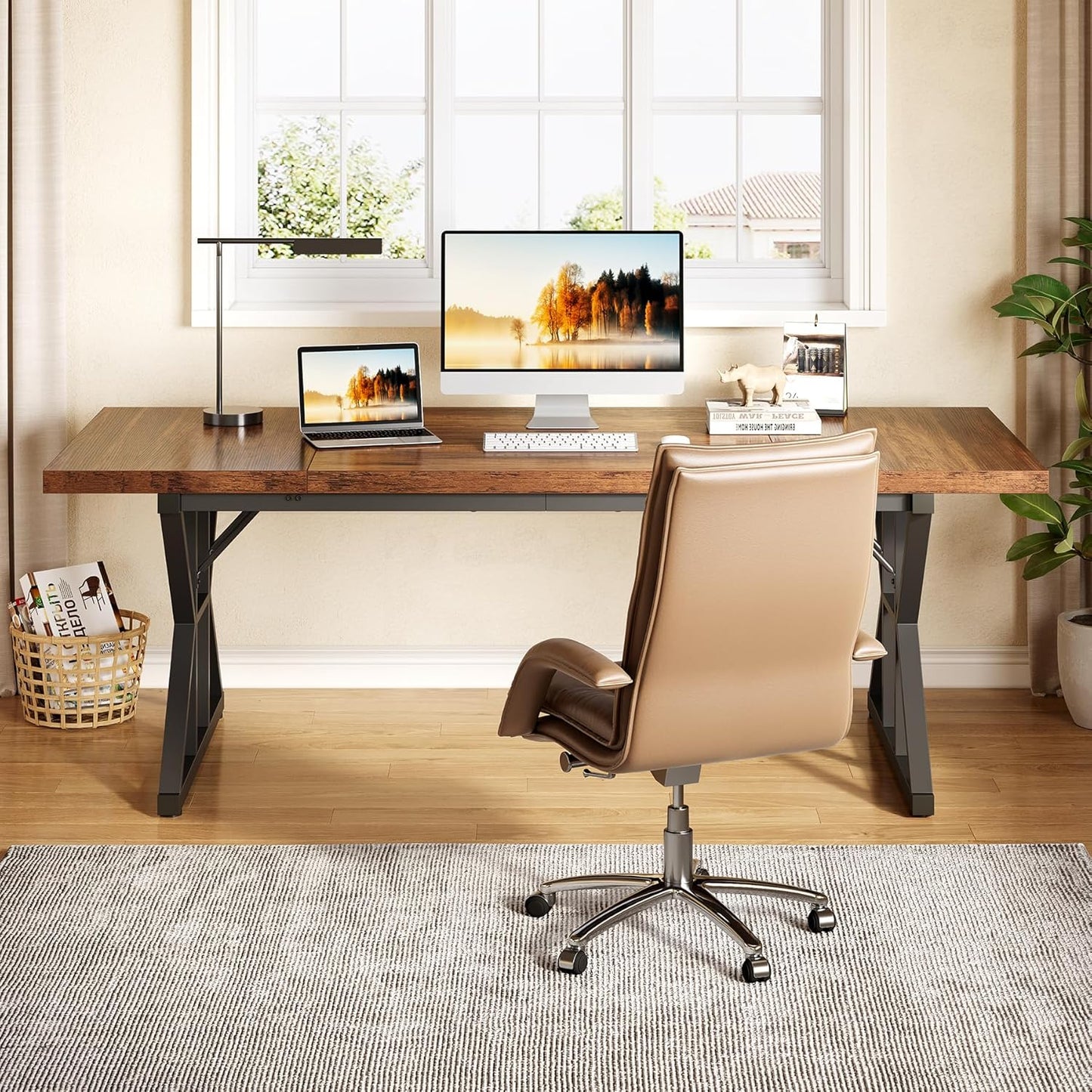 70.8-Inch Office Desk, Wooden Executive Office Desk, Modern Work Desk, Large Farmhouse Writing Table Computer Desk for Home, Brown-Black