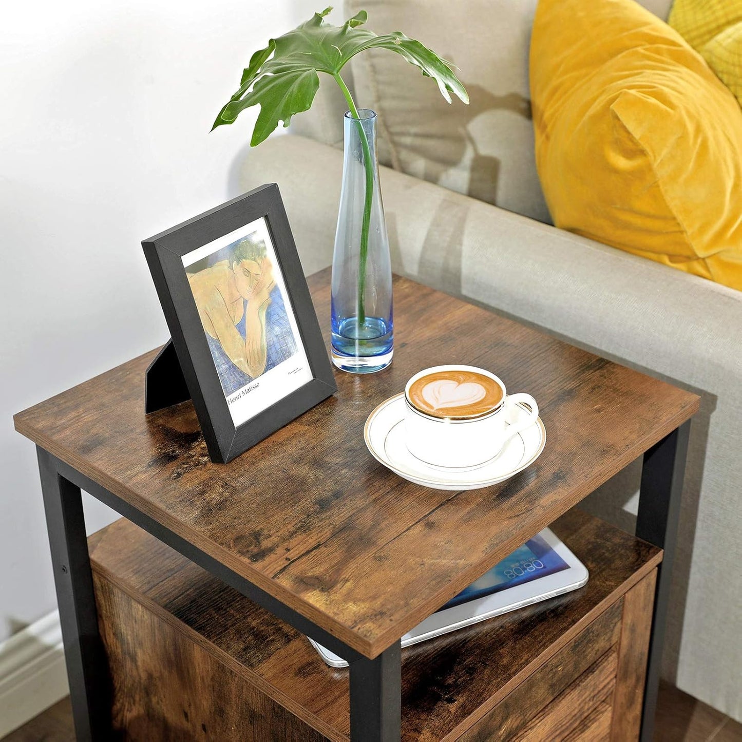 Nightstand, End Table with Open Shelf, Side Table, Inner Adjustable Shelf, Steel Frame, 15.7 X 15.7 X 23.6 Inches, Bedroom, Industrial, Rustic Brown and Black ULET62BX