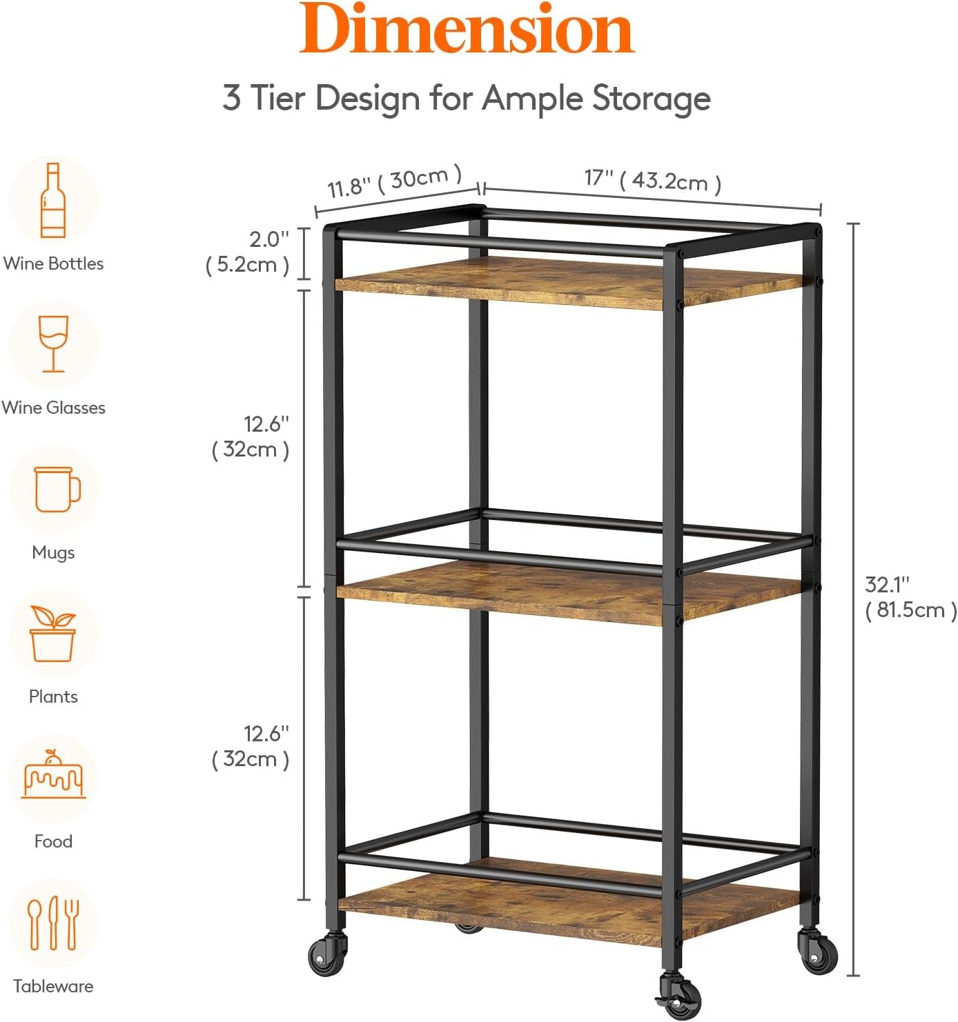 Bar Cart for the Home, 3 Tier Small Rolling Wine Cart, Drink Serving Cart with Lockable Wheels, Mini Liquor Utility Cart for Kitchen Dining Living Room, 17" X 11.8" X 32.1", Rustic Brown