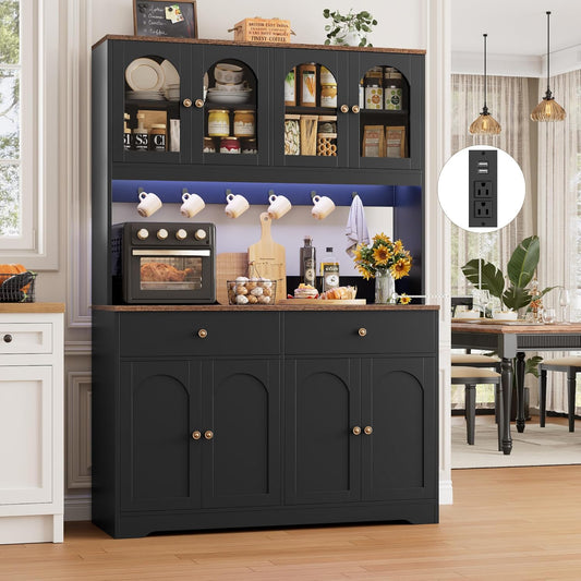 71" LED Kitchen Pantry Cabinet with Power Outlet, Large Kitchen Hutch Storage Cabinet with Arched Door & Shelves & 2 Drawers, Tall Farmhouse Coffee Bar W/Hutch for Home Dining Living Room, Black