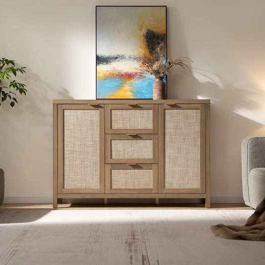 Rattan Sideboard Buffet Cabinet with Storage - 52" Larger Farmhouse Credenza Storage Coffee Bar Cabinet with 3 Drawers & 2 Doors, Boho Console Table for Living Room, Kitchen, Caramel Oak