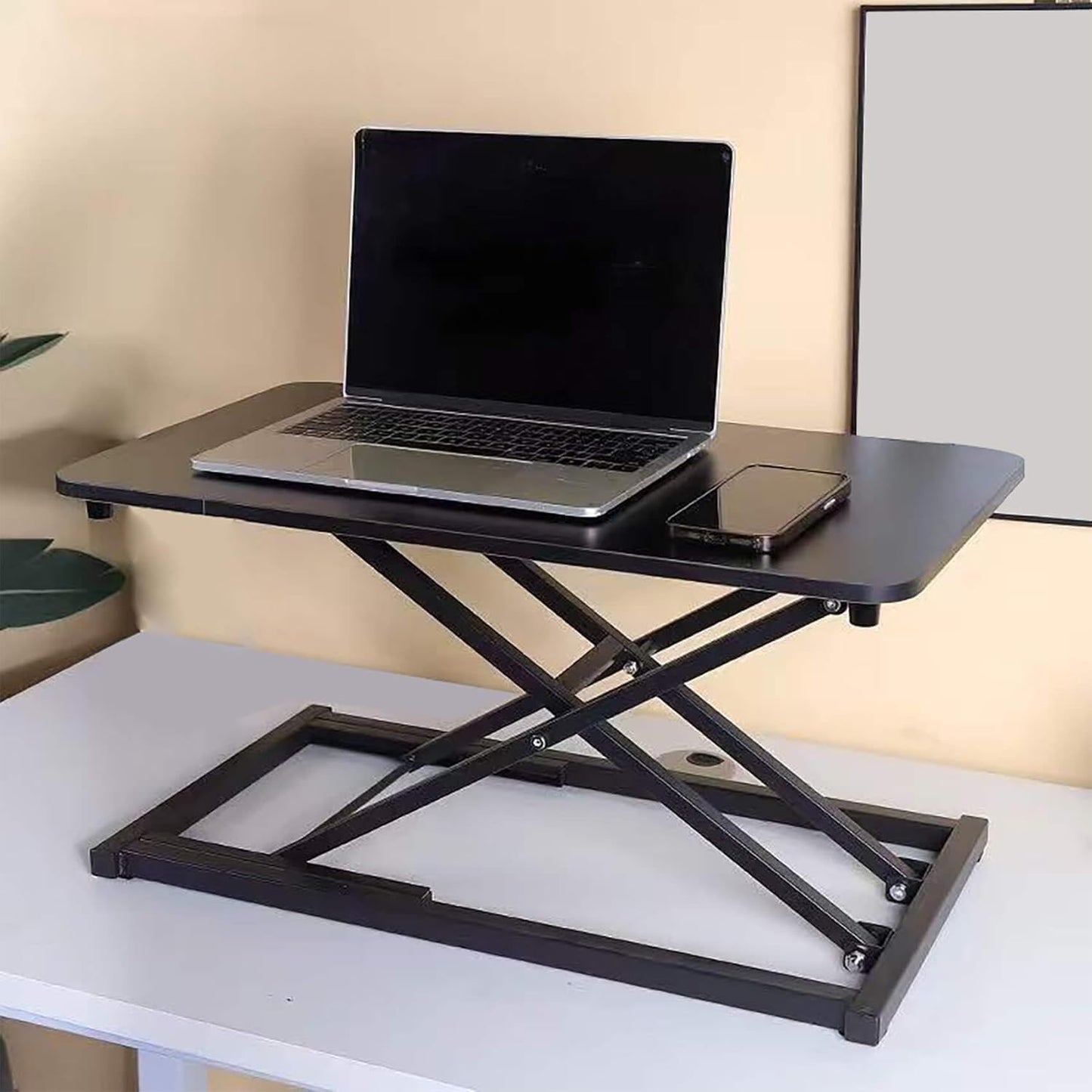 Black height adjustable standing desk converter with keyboard riser, view 8