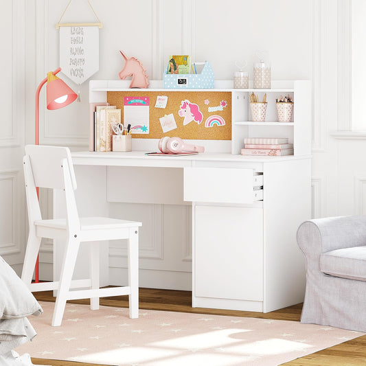 Kids Study Desk with Chair, Kids Desk and Chair Sets with Hutch and Storage Cabinet, Wooden Children Study Table, Student Writing Table Computer Workstation for 5-12 Years Old