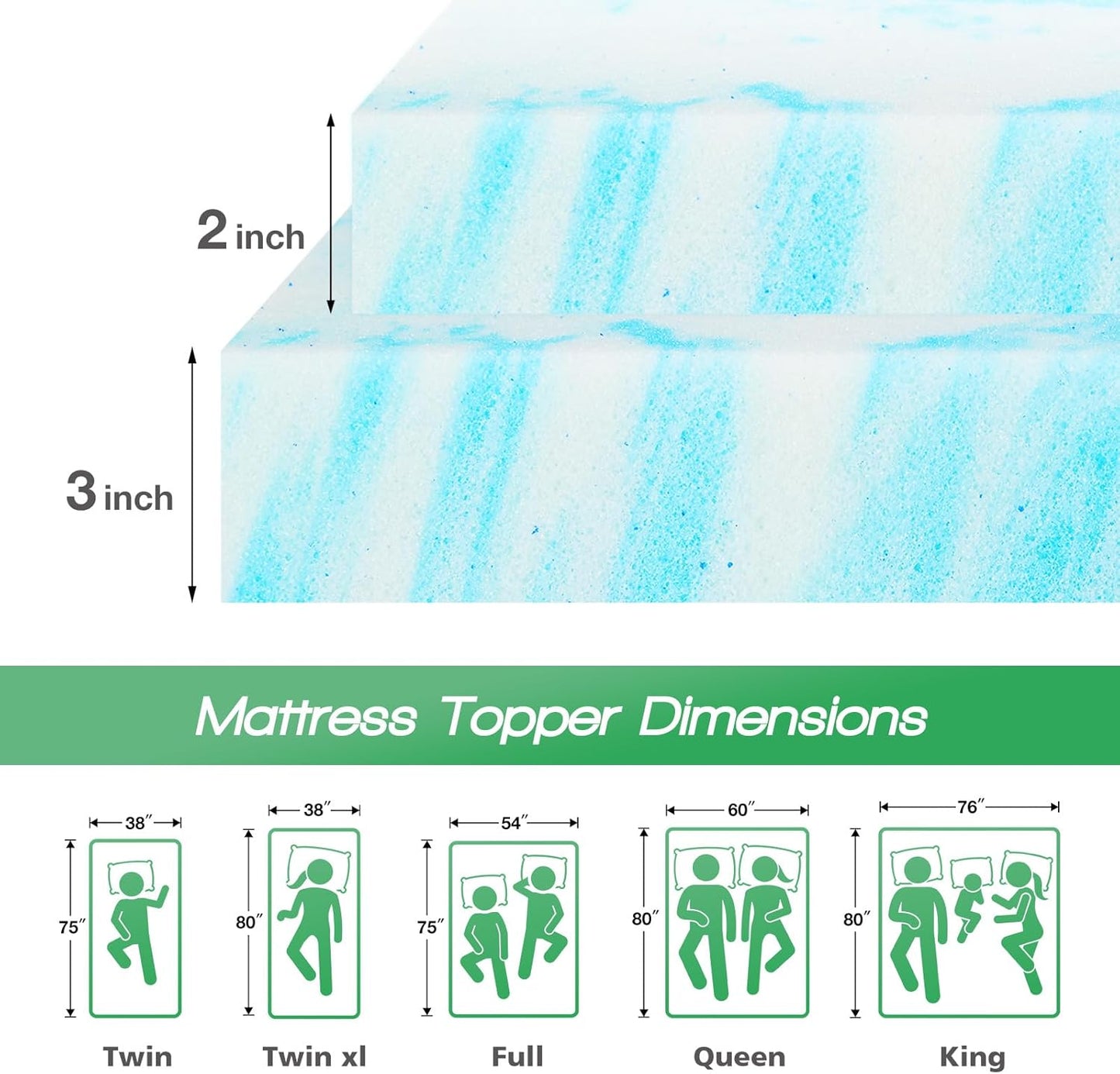 Mattress Topper Twin,3 Inch Thick Memory Foam Gel Infused Cooling Toppers Pad for Twin Size Bed, Sleeper Sofa, RV, Camper, Certipur US Certified, Ventilated and Breathable, Blue