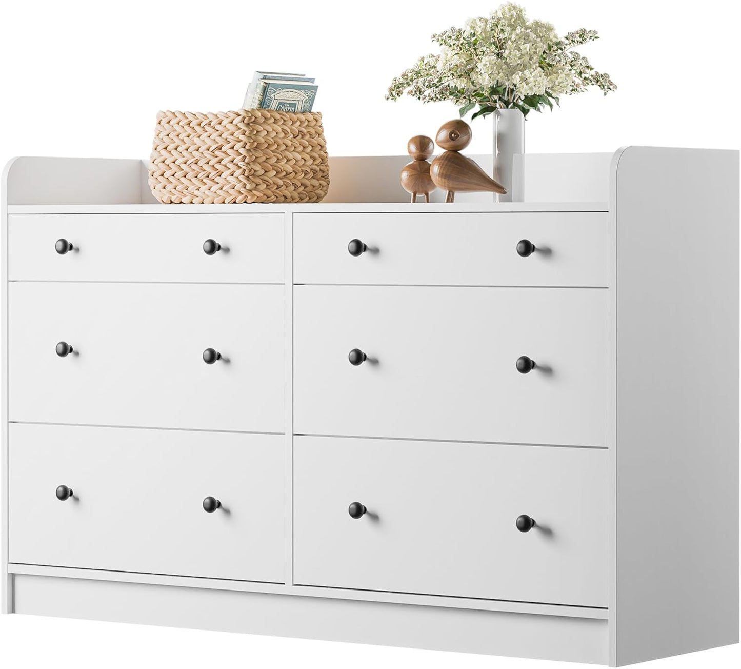 Baby Dresser with 6 Drawers and Large Table Top, Multi-Functional Chest of Drawer, Drawer Dresser with Three-Sided High Rails for Nursery, Children'S Room, Bedroom, White