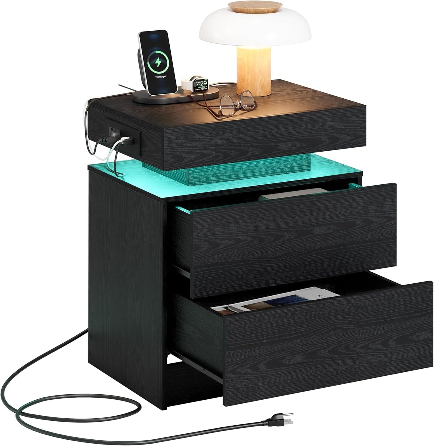 Night Stand with Charging Station, Modern Black Nightstand with LED Light and Drawers, Bedside Tables/End Table for Bedroom