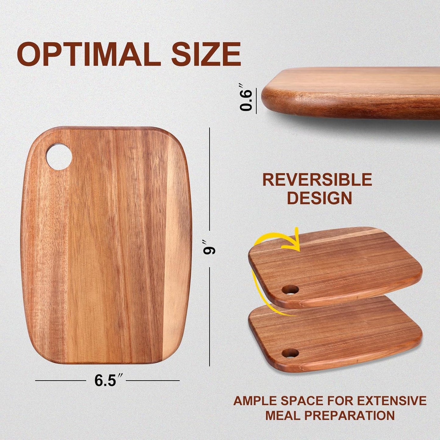 Small Acacia Wood Cutting Boards for Kitchen with Hanging – Mini Wooden Cutting Board for Vegetables, Fruit, Bread, Meat - BPA Free, 9" X 6.5"