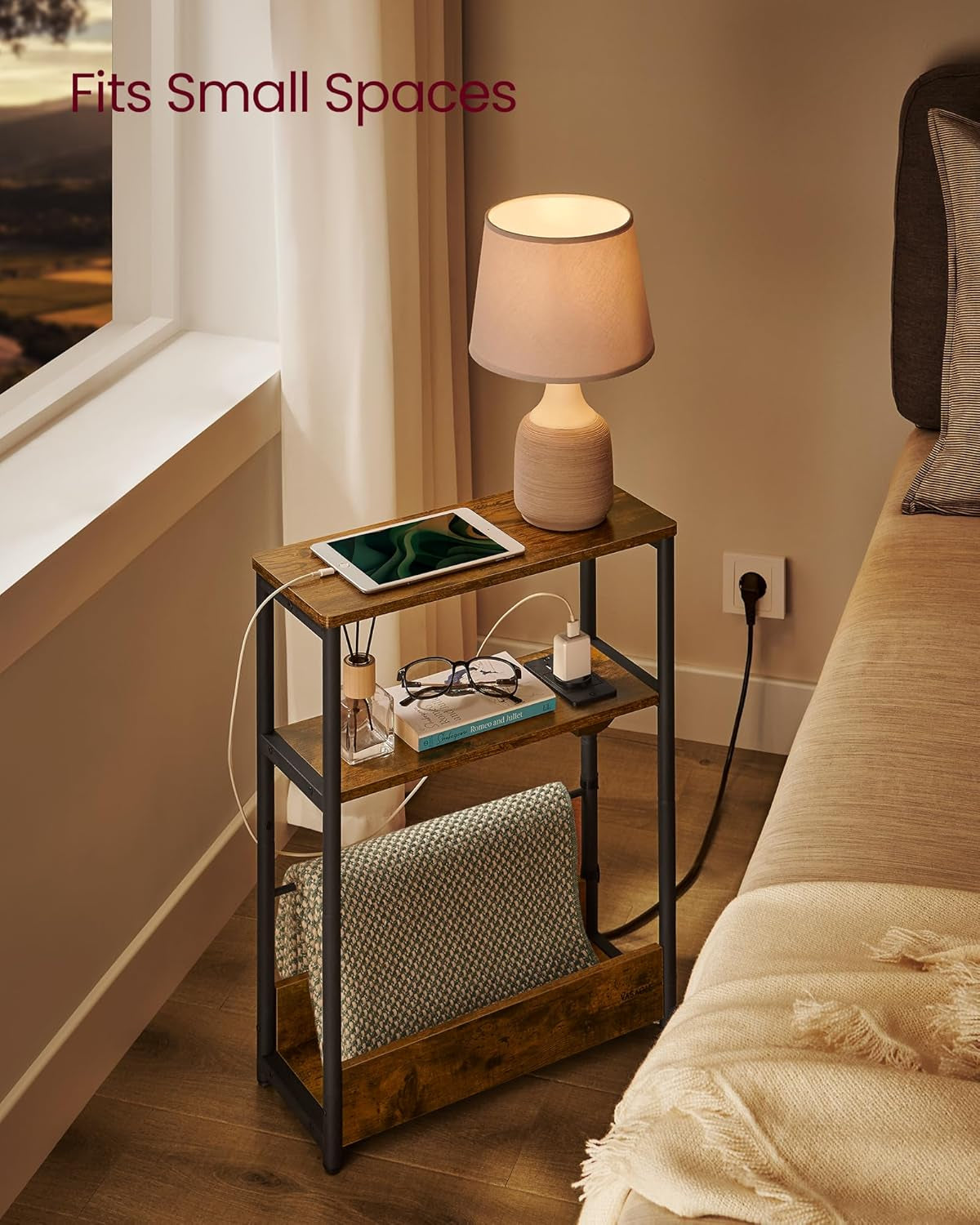 Side Table with Charging Station, Narrow End Table, 3-Tier Nightstand, Sofa Table for Small Spaces, Magazine Rack, for Living Room, Bedroom, Study, Rustic Brown and Ink Black ULET335K01