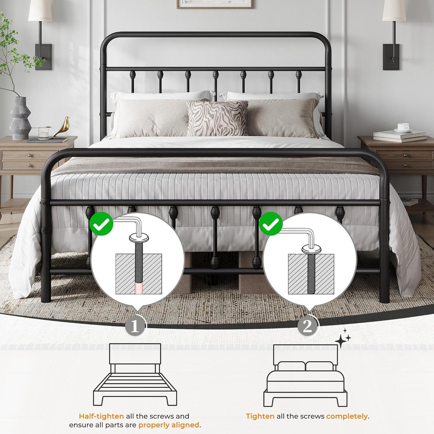 Classic Metal Platform Bed Frame Mattress Foundation with Victorian Style Iron-Art Headboard/Footboard/Under Bed Storage/No Box Spring Needed/Queen Size Black