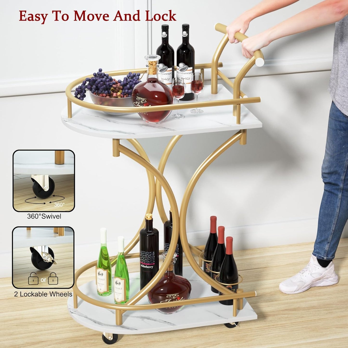 Bar Cart with Wheels Handle Rolling Home Bar Serving Carts 2 Tier Curved Anti-Collision Storage Small Trolley with Wine Rack and Glass Holder for Kitchen Dining Room Living Room Gold