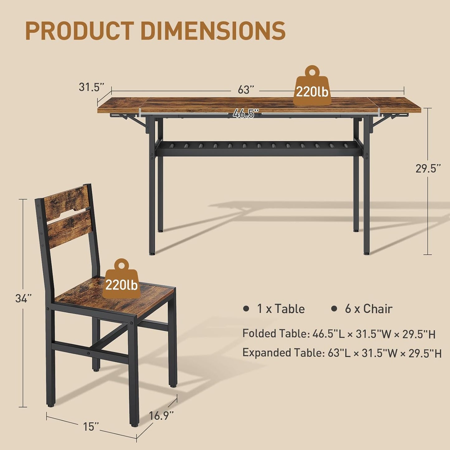 7-Piece Dining Table Set for 4-6, 63" Extendable Kitchen Table and 6 Chairs, Rectangle Dining Room Table Set for 6 with Wine Rack for Small Saving Space, Rustic Brown and Black