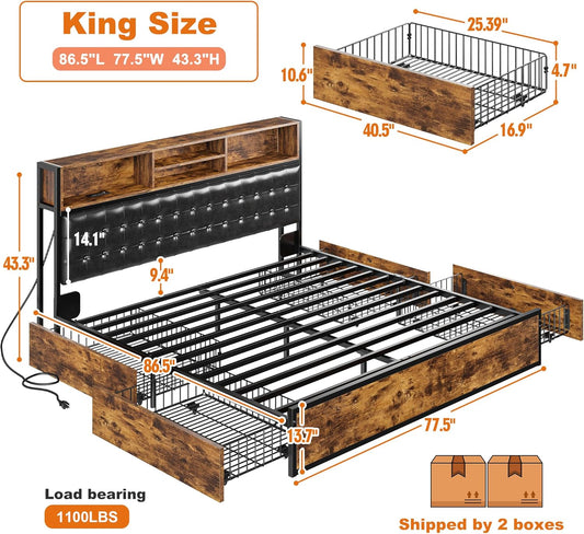 King Size Bed Frame with 4 Storage Drawers, King Bed Frame and Headboard Built in Charging Station,No Noise,No Box Spring Needed,Vintage Brown
