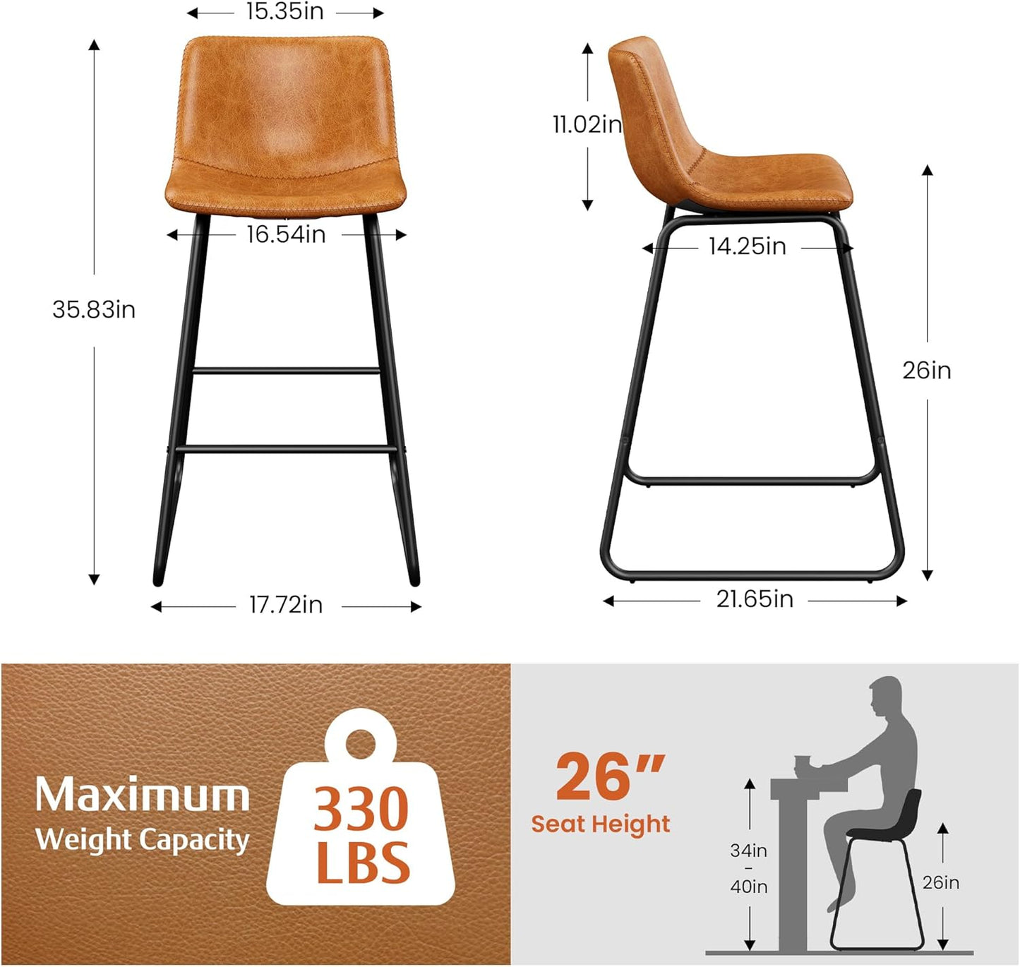 Bar Stools Set of 4, PU Leather Counter Height Bar Stools, 26" Modern Barstools with Metal Legs and Footrest, Urban Armless Dining Chairs with Backrest for Kitchen Island (Brown)