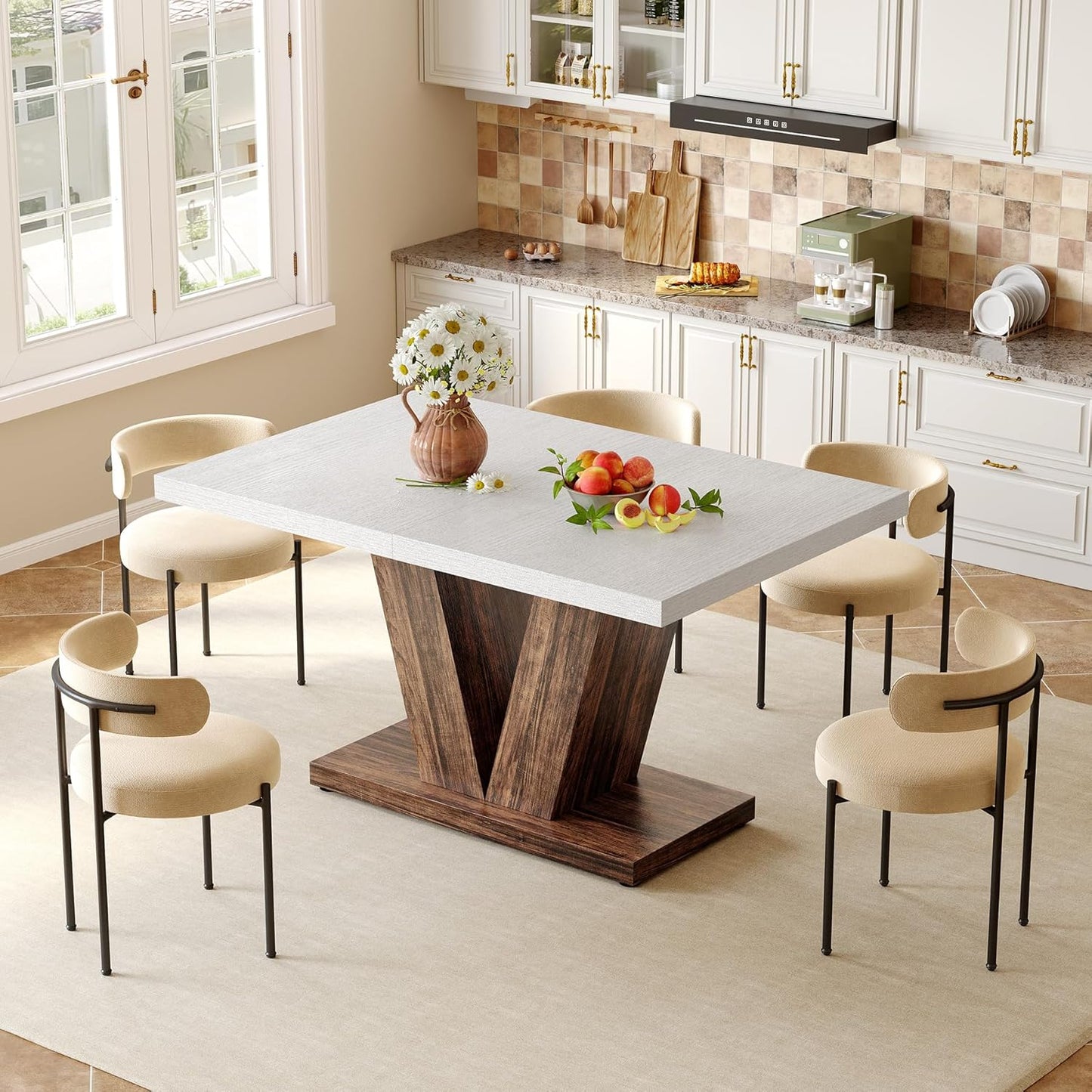 47 Inches Dining Table for 4, Modern Dining Room Tables, White Rectangle Kitchen Table with Rustic Brown V-Shaped Pedestal, Wooden Dinner Table for Dining Room, Kitchen, Living Room