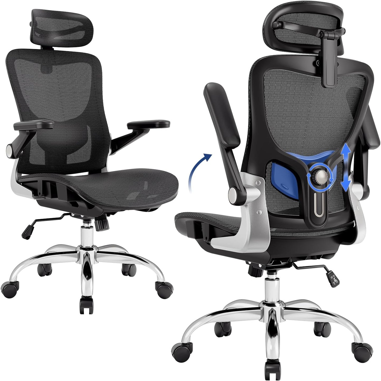 Ergonomic Office Chair,Mesh Seat Cushion with 3D Armrests and 3D Headrest, Adjustable Lumbar Support with Rocking Function, SGS Class 4 Gas Clylinder,Black
