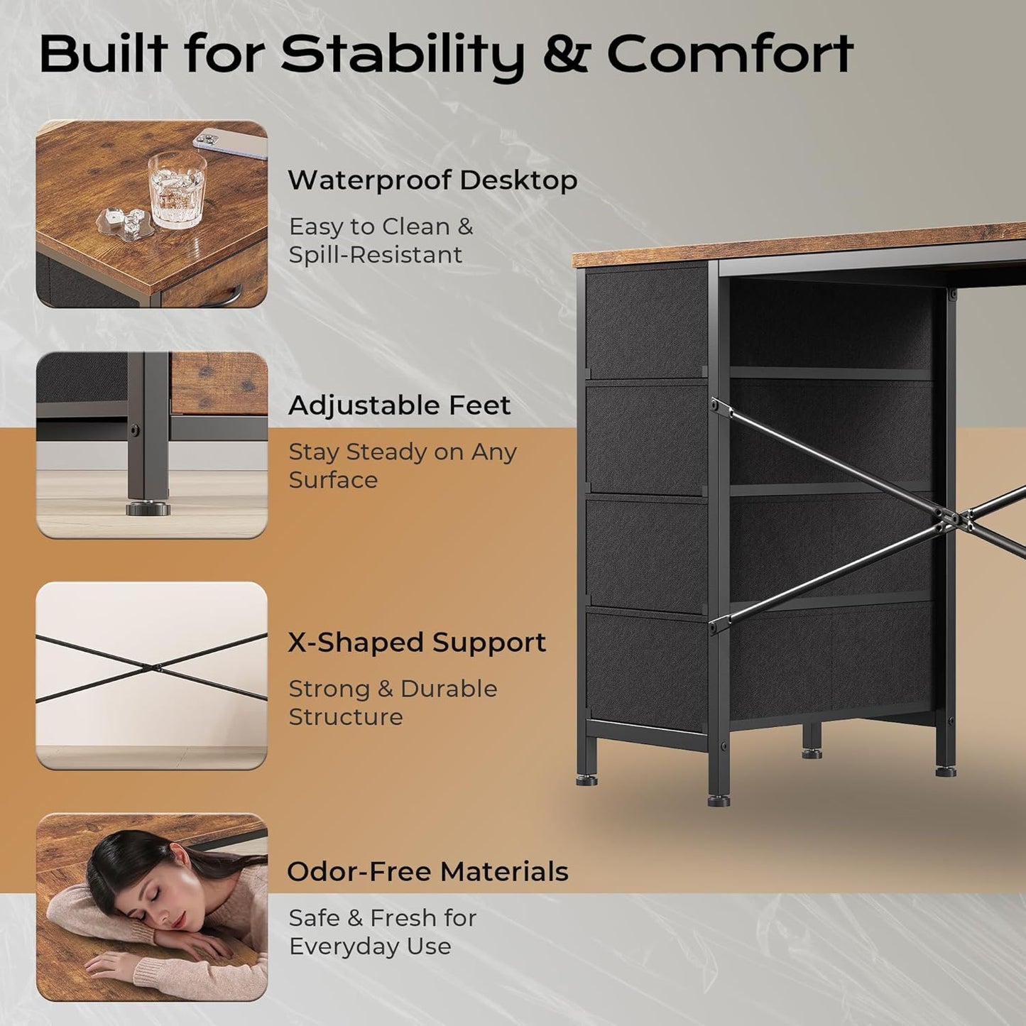 55 Inch L Shaped Desk with Fabric Drawers, Reversible Computer Gaming Desk with Power Outlets and USB-C Port, Adjustable Side Storage Shelves, for Work Study Corner Home Office, Rustic Brown