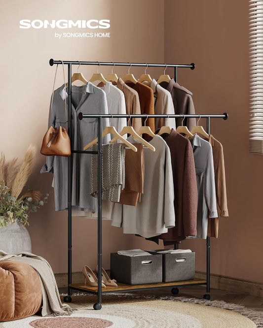 Double-Rod Clothes Rack with Wheels, 38.8 Inches Garment Rack with Shelf for Hanging Clothes, Loads up to 220 Lb, for Bedroom, Closet, Rustic Brown and Ink Black UHSR152B01