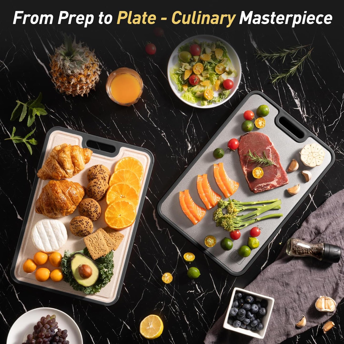 2 in 1 Pure Titanium Cutting Boards for Kitchen Non Toxic Chopping Board with Handle Large Big Small Kitchen Meat Butcher Block Not Stainless Steel Wood Bamboo Plastic Silicone Acrylic Teak Sink