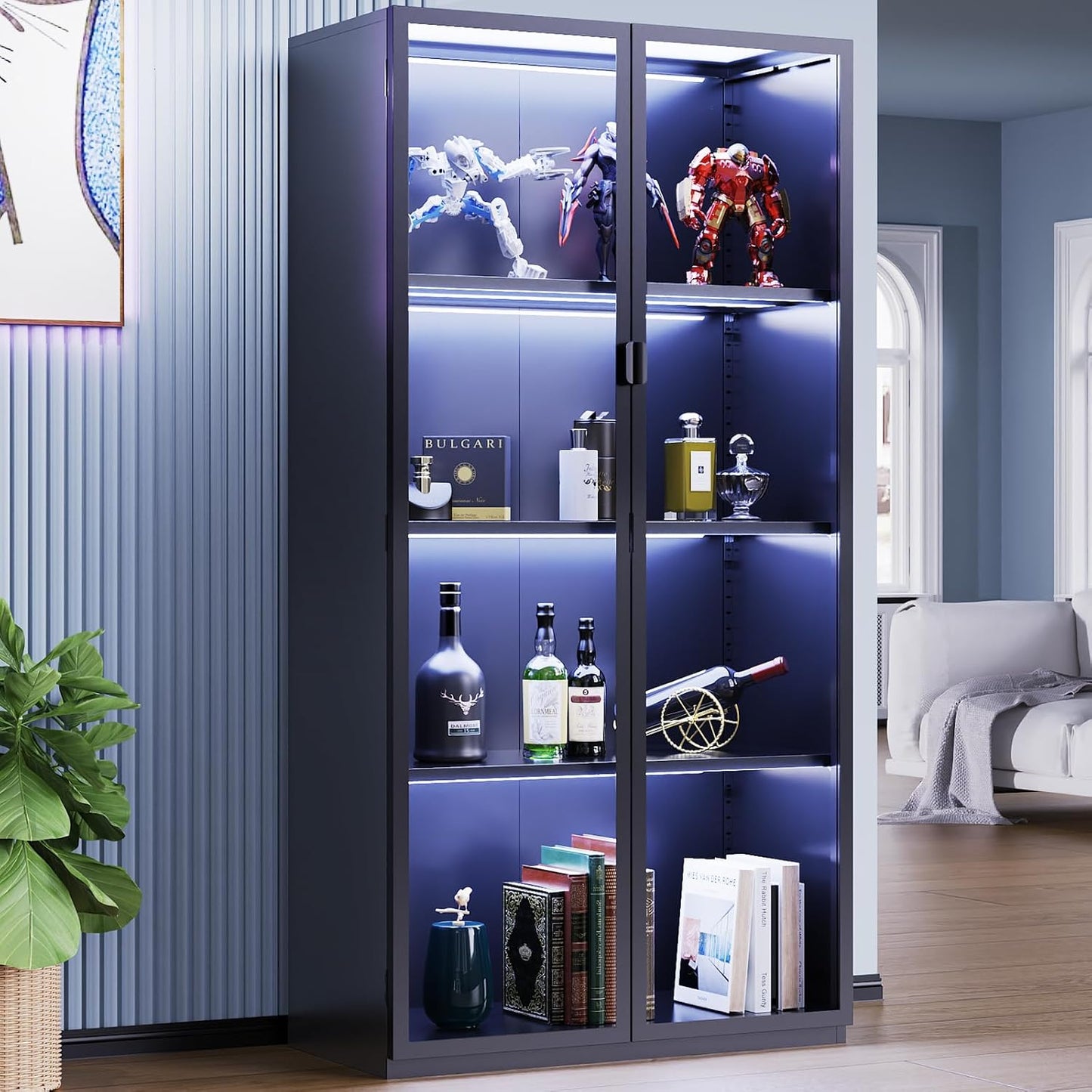 Black four tier display cabinet with glass doors and color lights, view 9