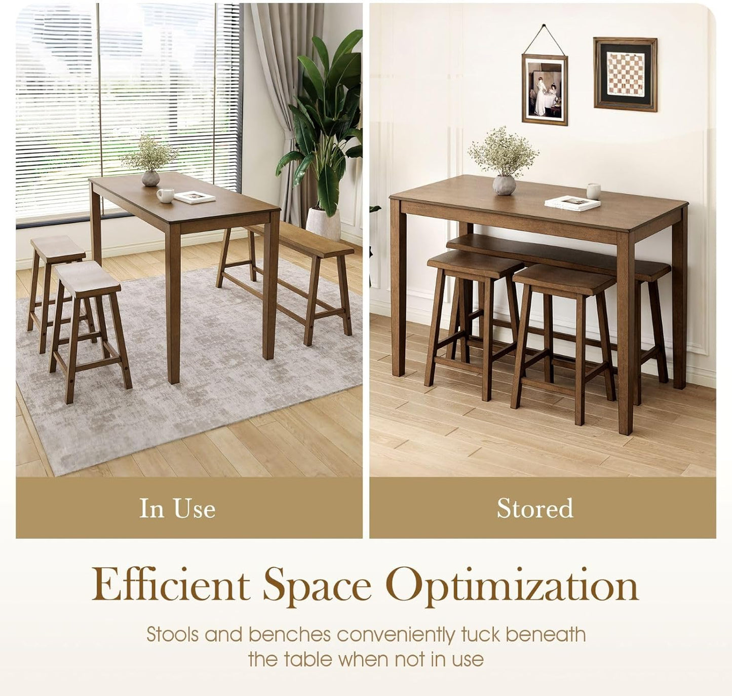 Dining Table Set for 4, Counter Height Table and Chairs, Kitchen Table Set with Bench and 2 Chairs, Small Breakfast Bar Dining Set, Rustic Caramel