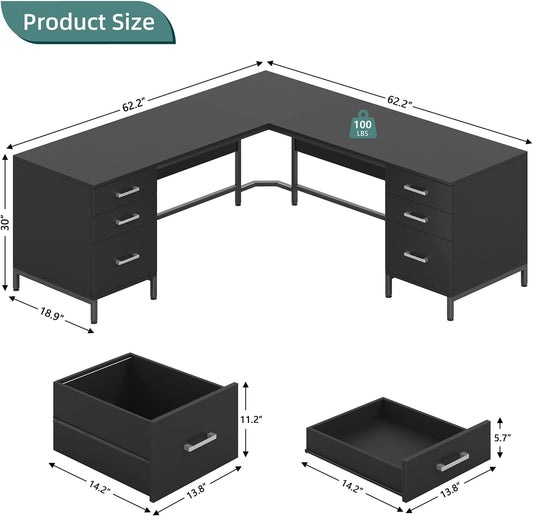 59’‘ L Shaped Desk with 6 Wood Drawers, Large Home Office Corner Computer Desk with Storage File Cabinet, Modern Metal Wood Desk for Executive Writing Study Workstation, Black