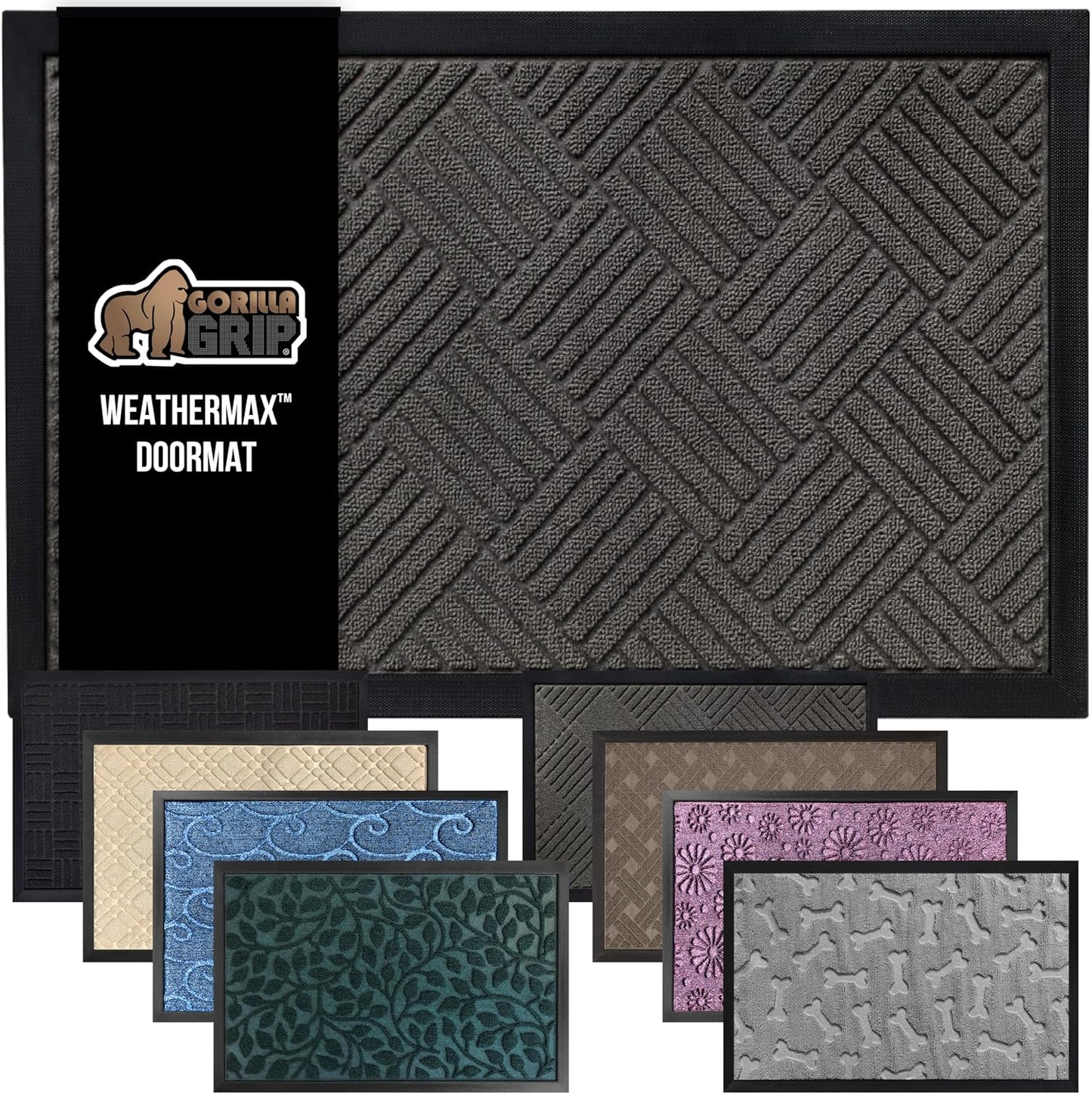 100% Waterproof All-Season Weathermax Doormat US Designed Natural Rubber, Stain and Fade Resistant, Low Profile Indoor Outdoor Door Mats, Easy Clean Patio Mat, 17X29, Gray Diamond