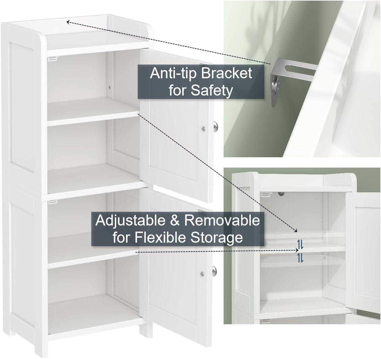 Small Bathroom Storage Cabinet, 30" Tall Freestanding Corner Floor Cabinet with opposite Doors & 5 Shelves (2 Adjustable), Narrow Toilet Paper Holder Organizer for Small Spaces, White