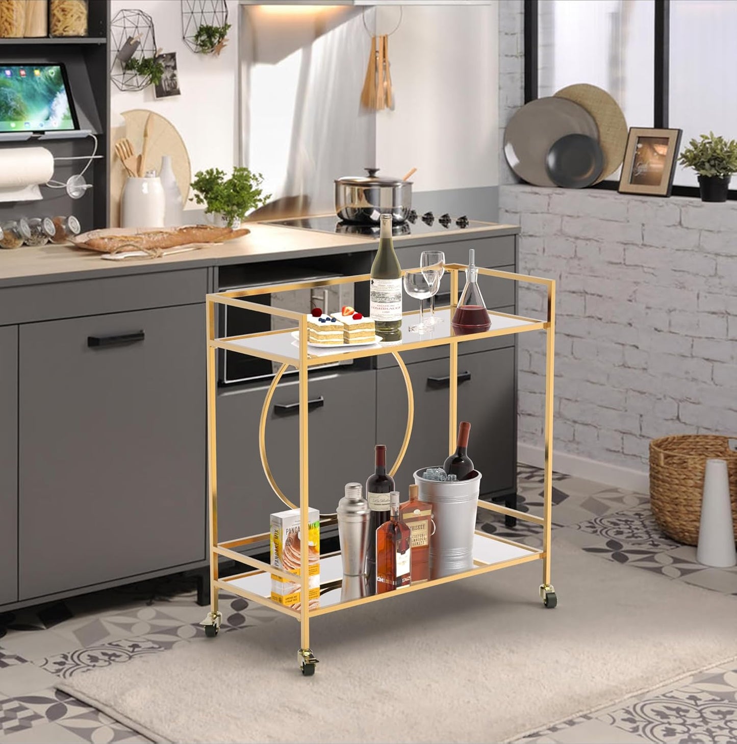 Gold Bar Cart, Modern Wine Cart with Wheels, Home Bar Serving Carts with 2 Tier Mirrored Shelves, Wine Bar Carts for the Home, Dining Room, Kitchen