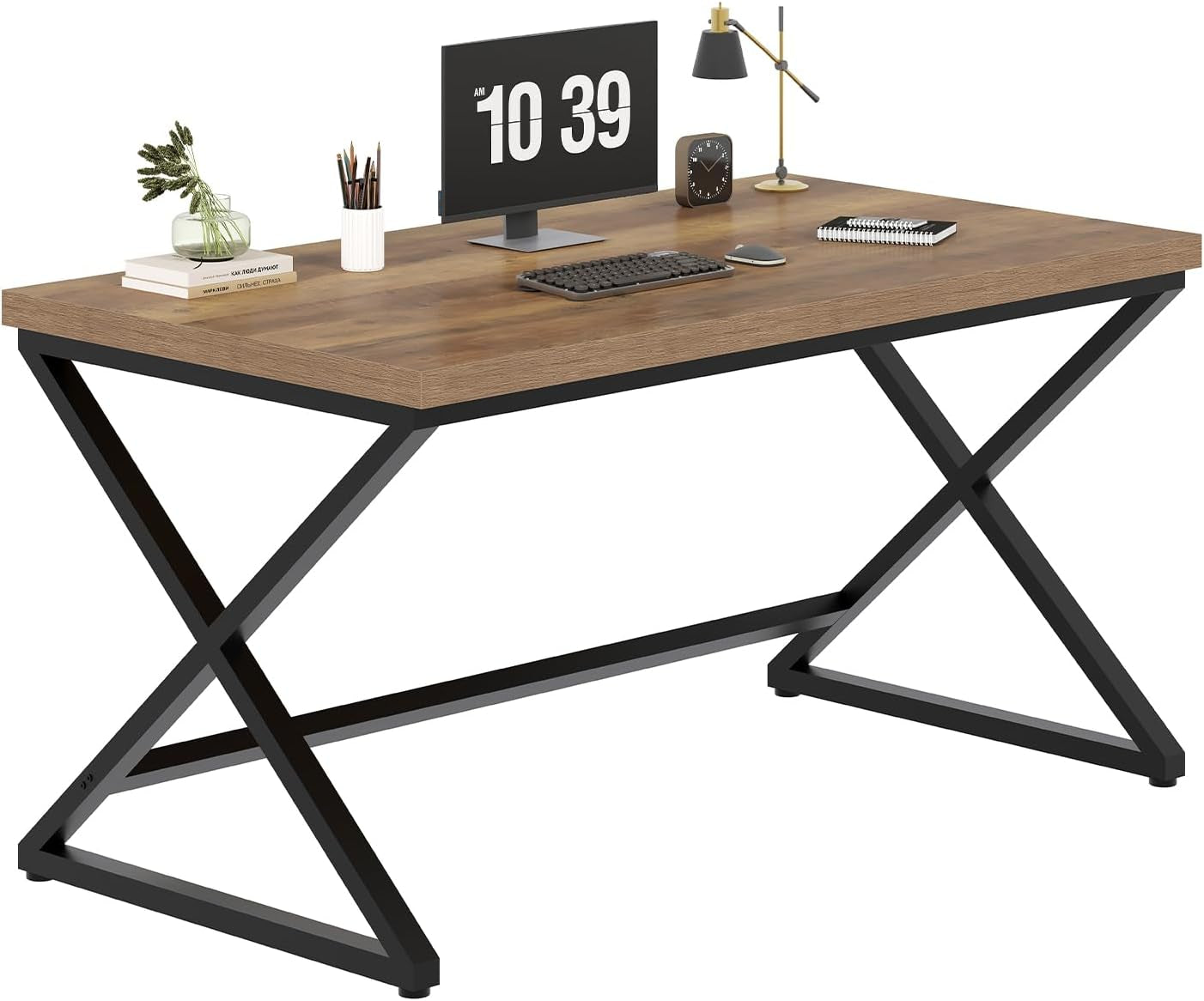 Rustic oak industrial wood and metal computer desk, view 9