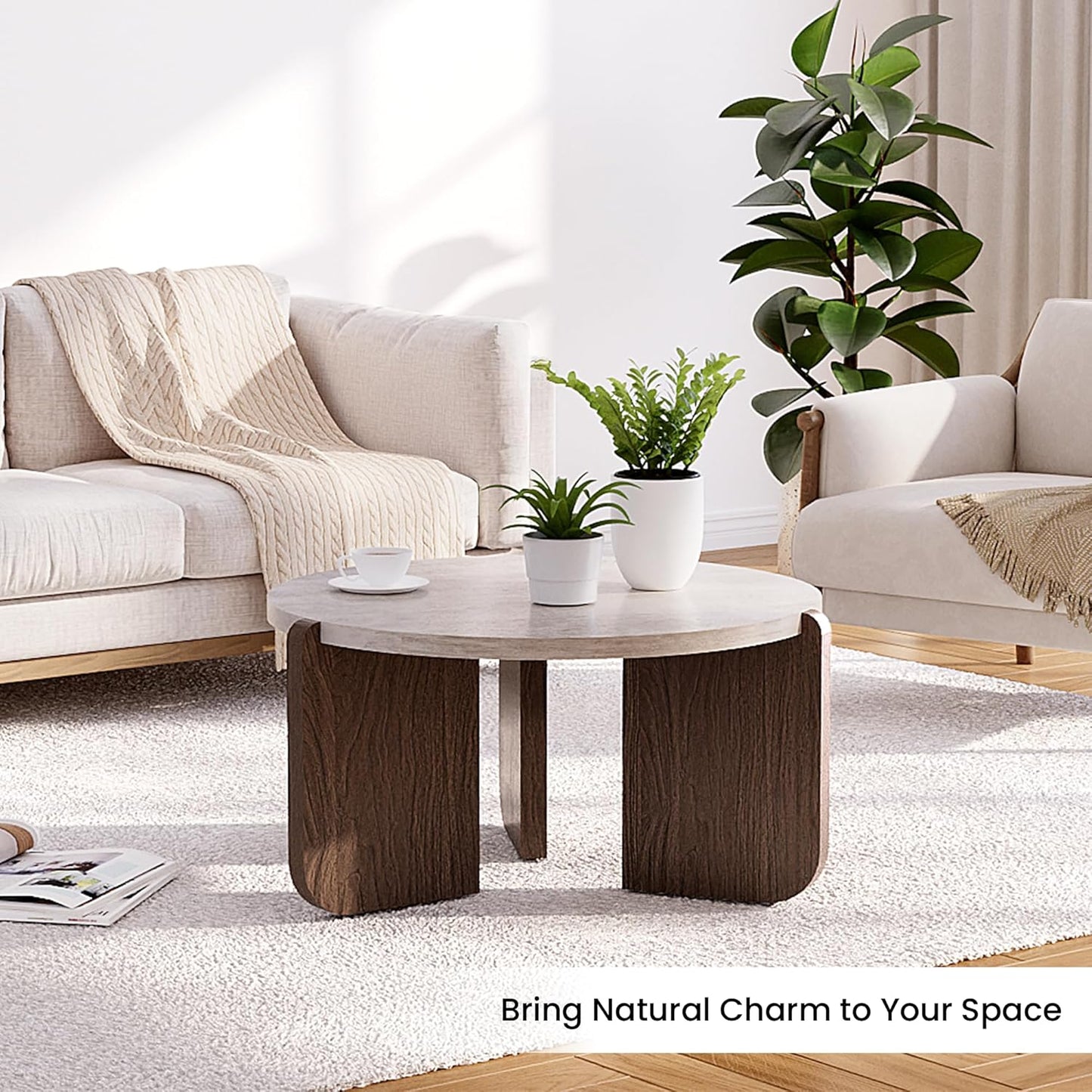 Modern round Coffee Table with Sturdy Base, Wood Center Tables for Living Room Reception Room, Faux Marble Tabletop, Easy Assemble