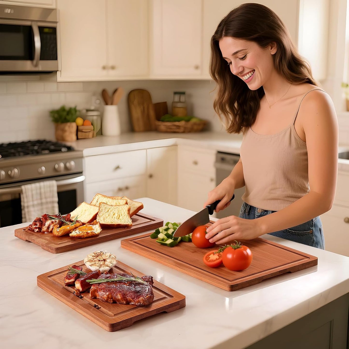 Bamboo Cutting Board Set of 3, Wood Cutting Boards for Kitchen with Juice Grooves, Durable Chopping Board for Meat, Vegetables & Meal Prep