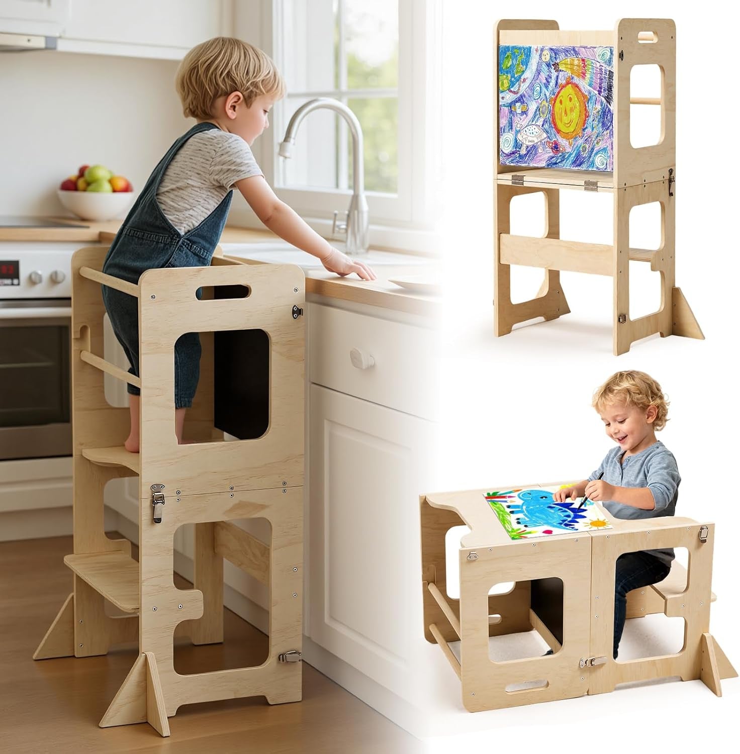 Toddler Standing Tower for 12M+, Montessori Foldable Learning Standing Tower with Blackboard, Anti-Tip Structure Design,Wooden Kitchen Step Helper Stool for 1-3 Year Old Boy Girl Gift