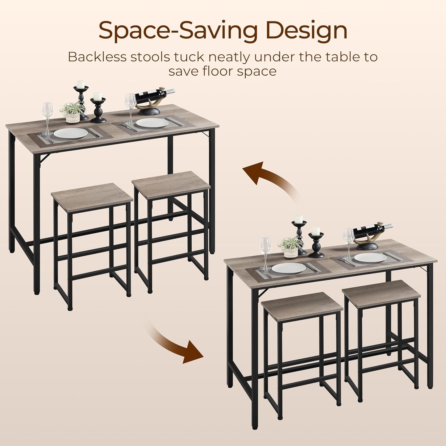 3 Piece Dining Table Set, 47.5" Industrial Pub Table Set, Counter Height Kitchen Table with Bar Stools Set of 2, for Small Space, Apartment
