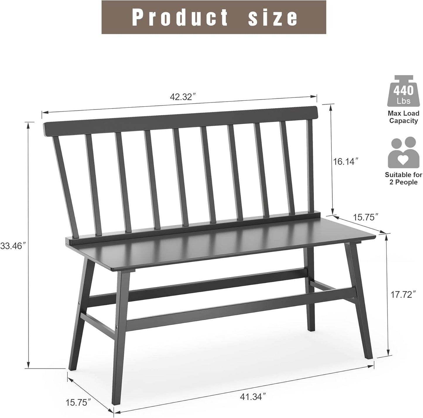 Bamboo Dining Bench, Black Entryway Bench with Spindle Back Farmhouse Wood Windsor for Foyer Balcony Living Room (Nature) (Black)