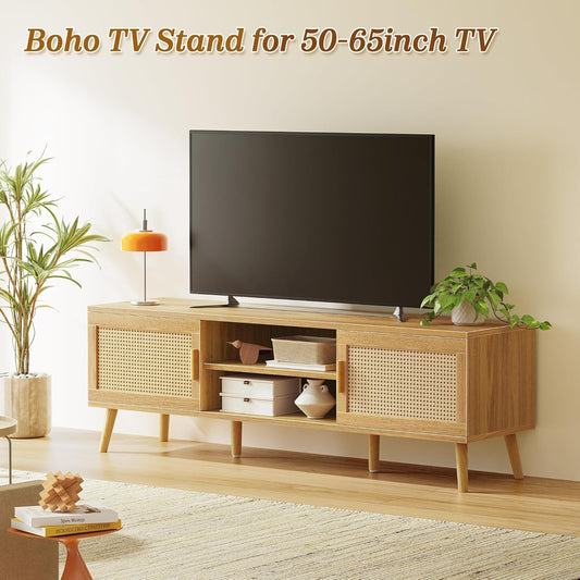 Boho TV Stand for 65 Inch TV, Entertainment Center with Adjustable Shelf, Rattan TV Console with 2 Cabinets, Media Console, Solid Wood Feet, 4 Cord Holes, for Living Room - Natural