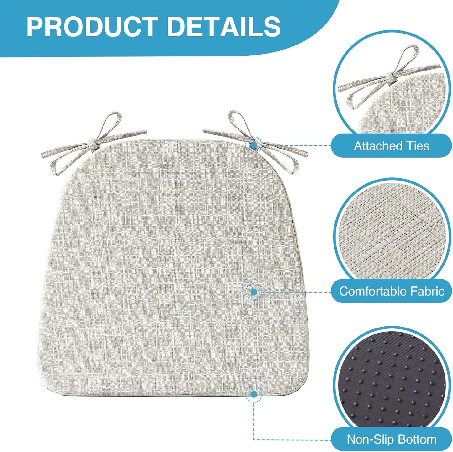Chair Cushions for Dining Chairs Set of 4, Non Slip Kitchen Chair Pads, 17" X 16" X 2", Indoor Dining Chair Cushions with Ties, D-Shaped Seat Cushions for Kitchen Chairs, Beige