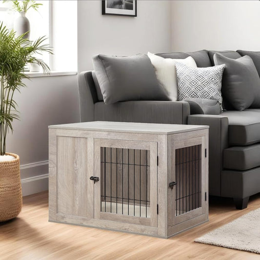 30 Inch Furniture Style Dog Crate for Small Dogs, Indoor Puppy Kennel with Door, Decorative Wood Wire Pet House Dog Cage, Pretty Cute End Side Table Nightstand, Weathered Grey