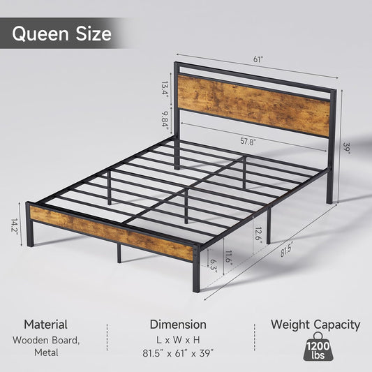 Easy Assembly Sturdy Metal Platform Bed, Queen Size Bed Frame with Headboard & Footboard, Anti-Slip & Silent Support, No Box Spring Needed with Underbed Storage, Modern Bedroom Furniture