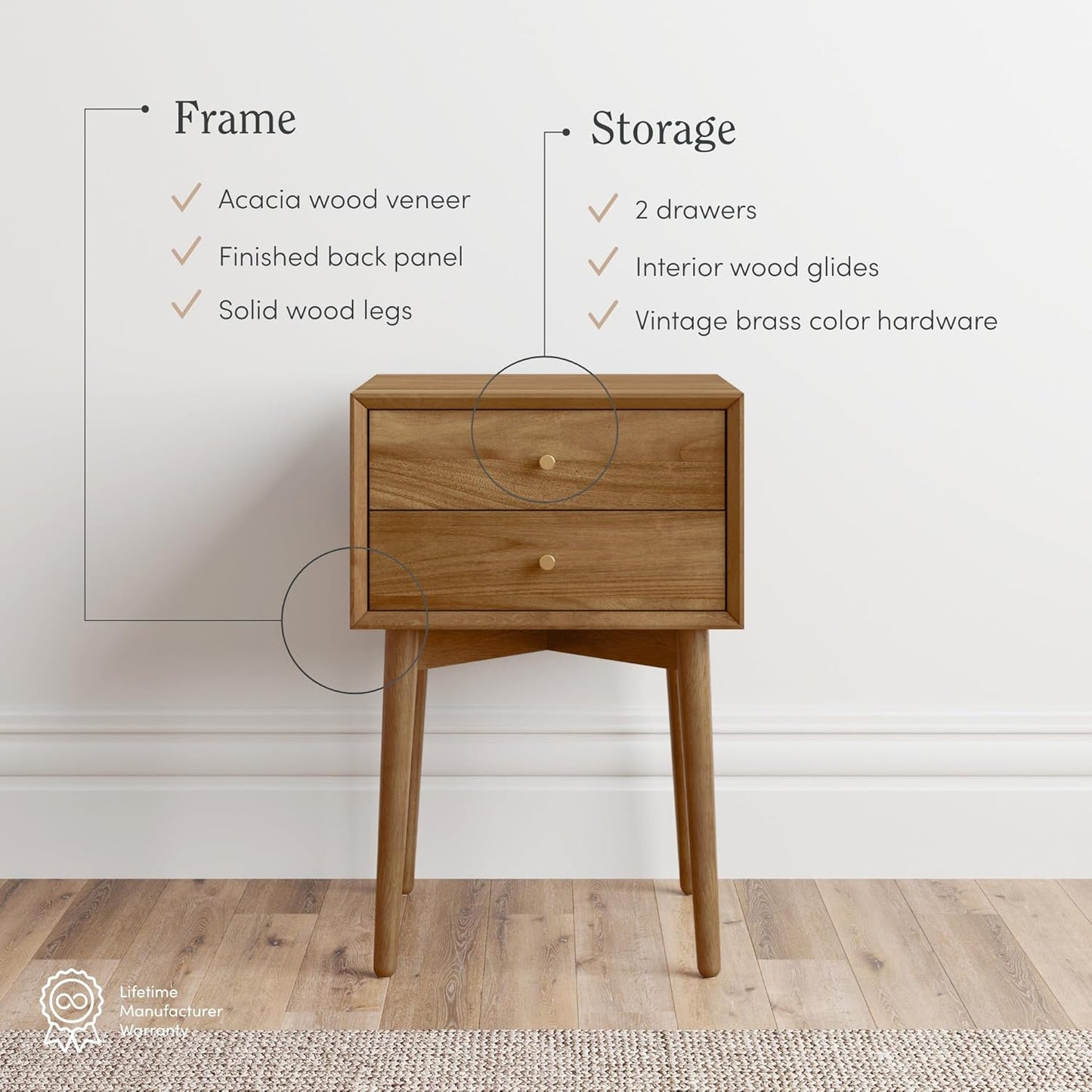 32704 Harper Mid-Century Oak Wood Nightstand with 2-Drawers, Small Side End Table with Storage, Brown