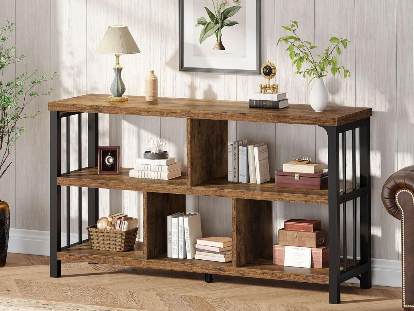 Farmhouse 3 Tier Open Book Shelf, Wood and Metal 5 Cube Storage Organizer, Modern Low Horizontal Bookshelf for Bedroom Living, Long Wide Office Cubby Bookcase with Storage, Rustic Brown, 47 Inch