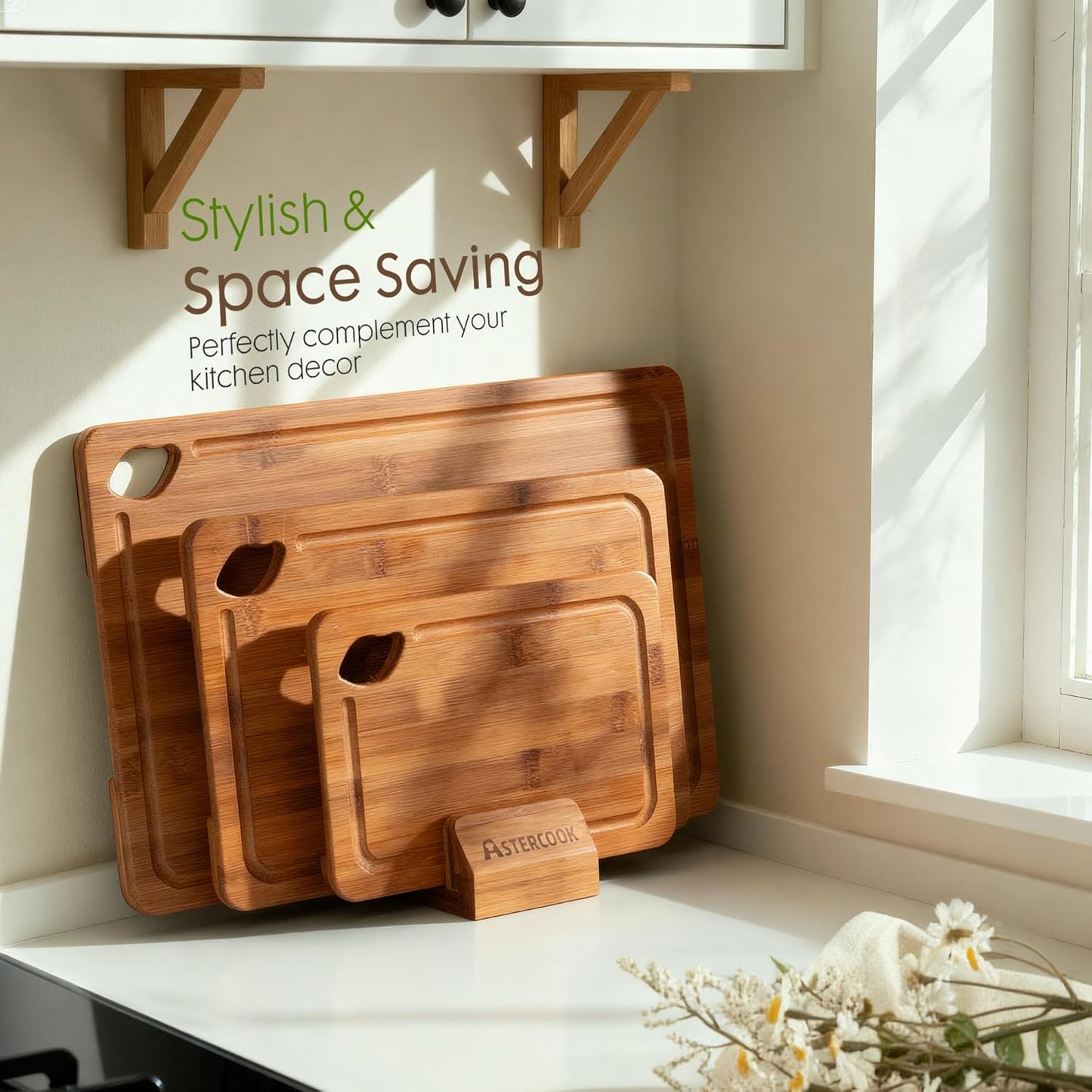 Deep-Carbonized Bamboo Cutting Boards for Kitchen with Wood Storage Stand, Reversible Charcuterie & Chopping Boards with Juice Grooves and Easy-Grip Handles, Knife-Friendly, Kitchen Gift