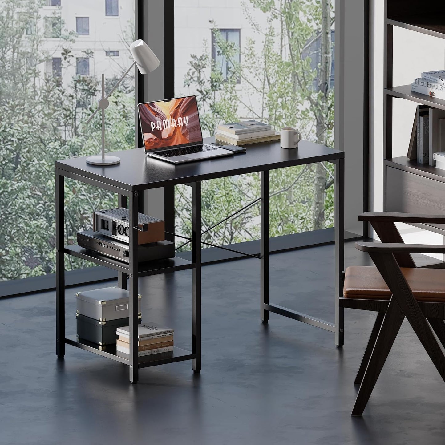 32 Inch Small Computer Desk with Shelves, Home Office Desk with Headphone Hook for Bedroom, Study Writing PC Table for Small Spaces, Black